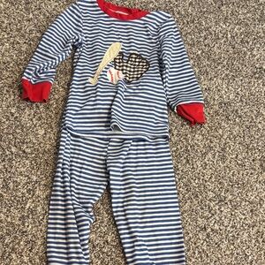 Posh Blue & White Striped Pajama Set with Red Trim and Baseball Applique